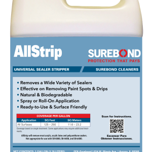 One-gallon white plastic bottle of AllStrip Universal Sealer Stripper by Surebond on a blue label with product name and logo.