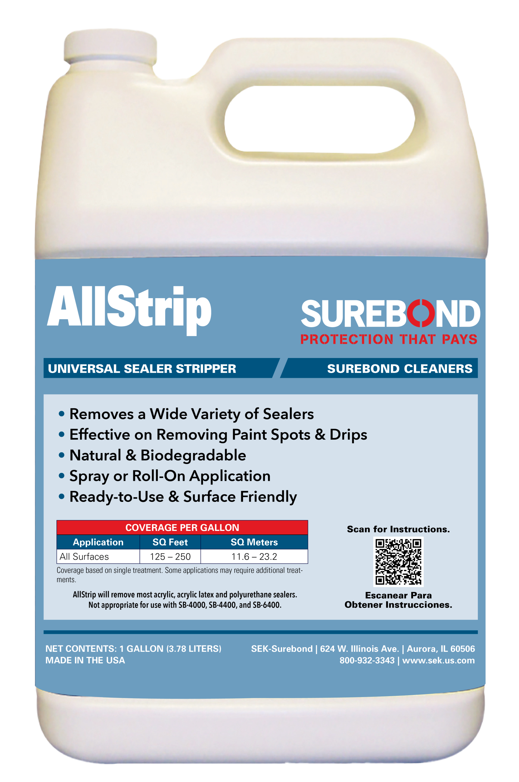 AllStrip_Gal_mockup | Concrete Sealing Ratings One-gallon white plastic bottle of AllStrip Universal Sealer Stripper by Surebond on a blue label with product name and logo.